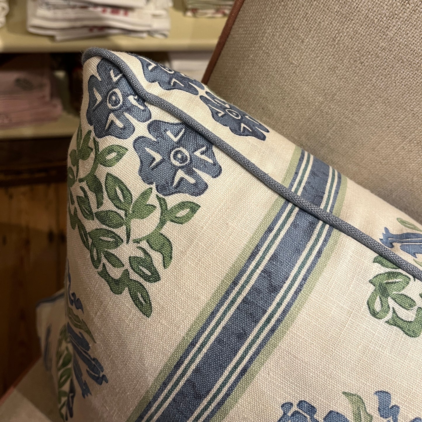 Folkloric Floral Print Cushion with Chambray Blue Piping