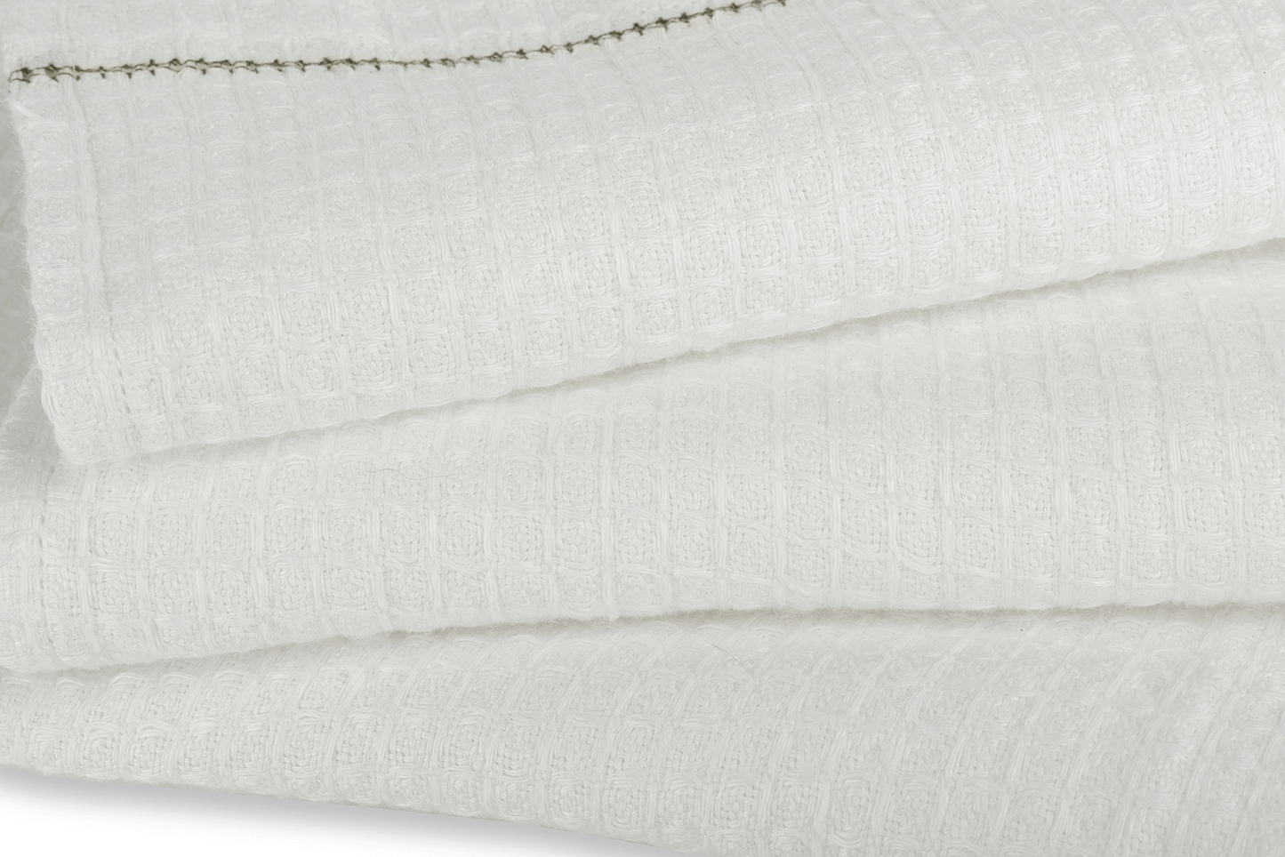 Liege Hand Towel in Ivory White Waffle with Olive Green Hemstitch