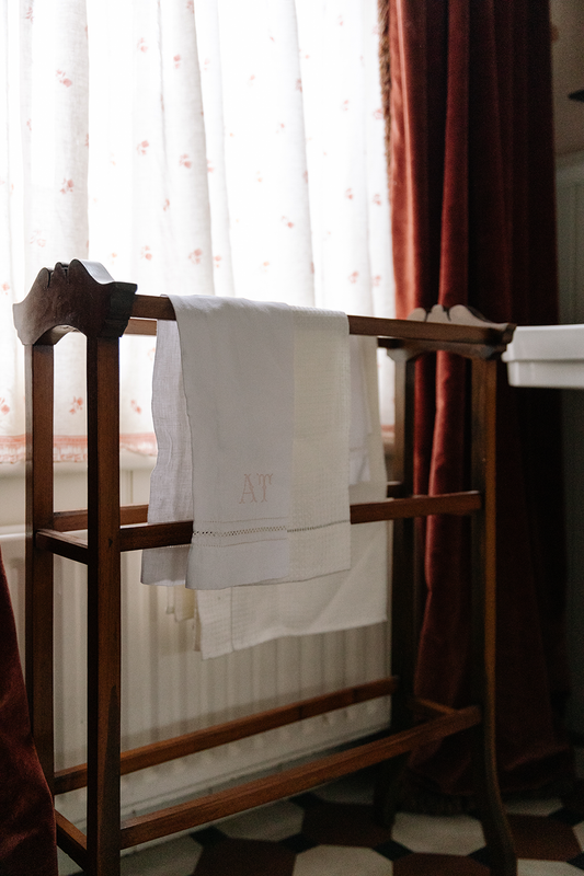 Liège Hand Towel in Ivory White Waffle with Olive Green Hemstitch