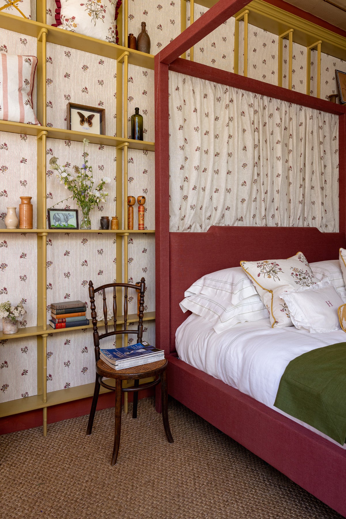 Paper-Backed Flax & Field Posy Pinstripe Printed Linen Wallcovering Scarlet/Oyster