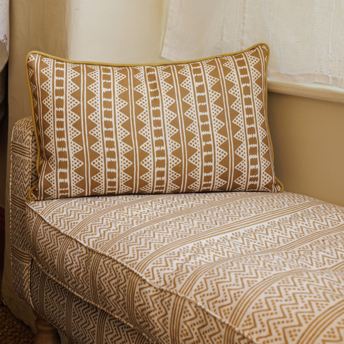 Kitezh Old Gold Print Cushion with Ochre Piping