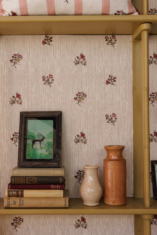Paper-Backed Flax & Field Posy Pinstripe Printed Linen Wallcovering Scarlet/Oyster