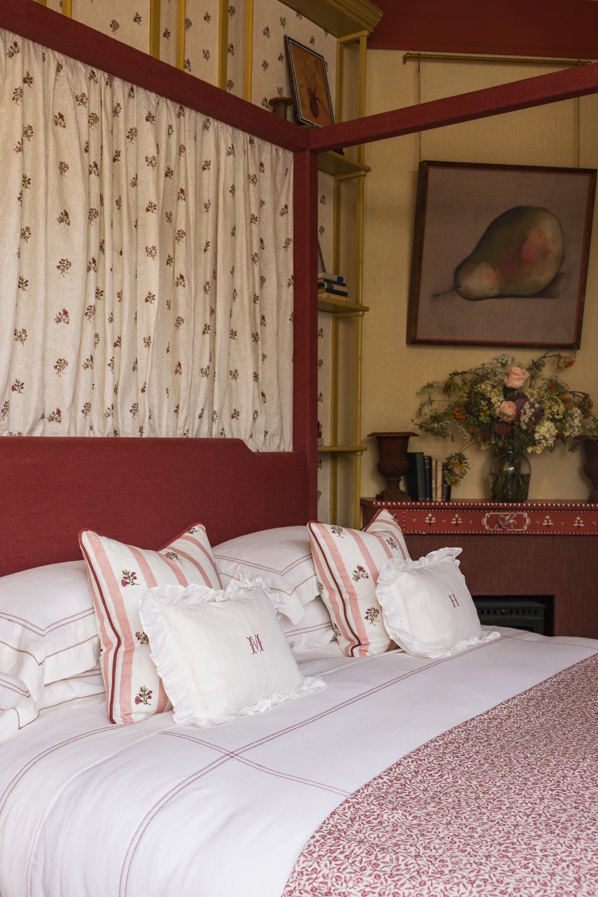 Posy Stripe Soft Coral Print Cushion with Marsala Piping