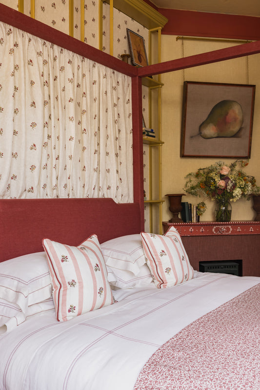 Posy Stripe Soft Coral Print Cushion with Marsala Piping