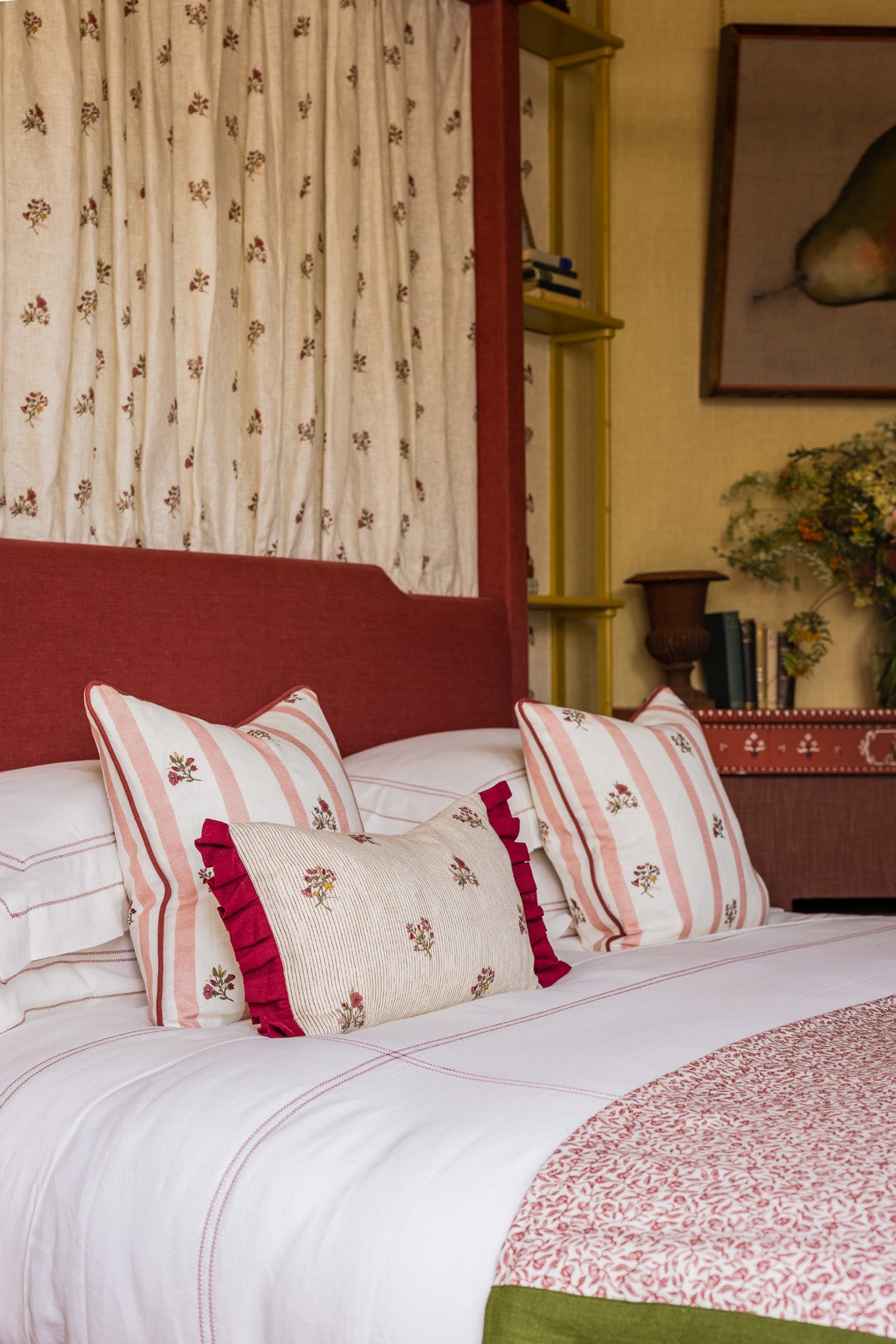 Posy Pinstripe Scarlet Print Cushion with Scarlet Frill