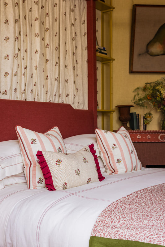 Posy Pinstripe Scarlet Print Cushion with Scarlet Frill