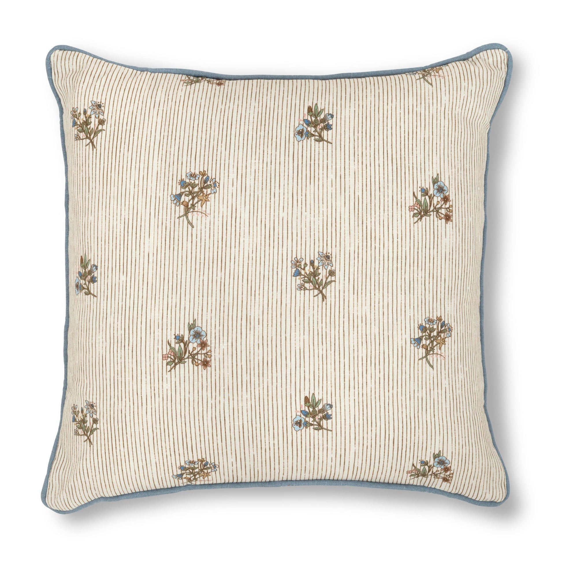 Flax & field posy pinstripe print cushion with chambray blue trim