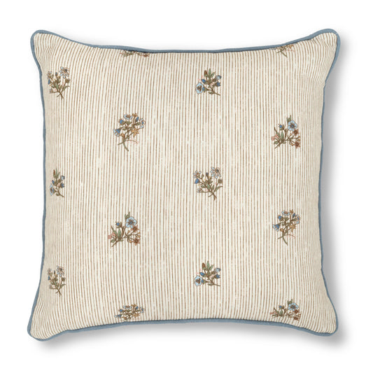 Flax & field posy pinstripe print cushion with chambray blue trim