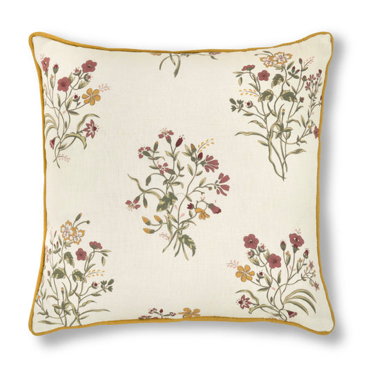cushion in Volga's Flax & Field Flower print in Scarlet with ochre trim