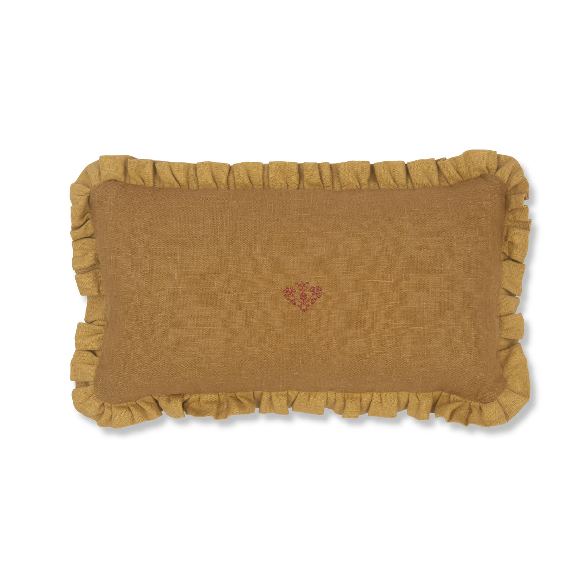 Old Gold Cushion with Ochre Frill and Crossed Heart Embroidery