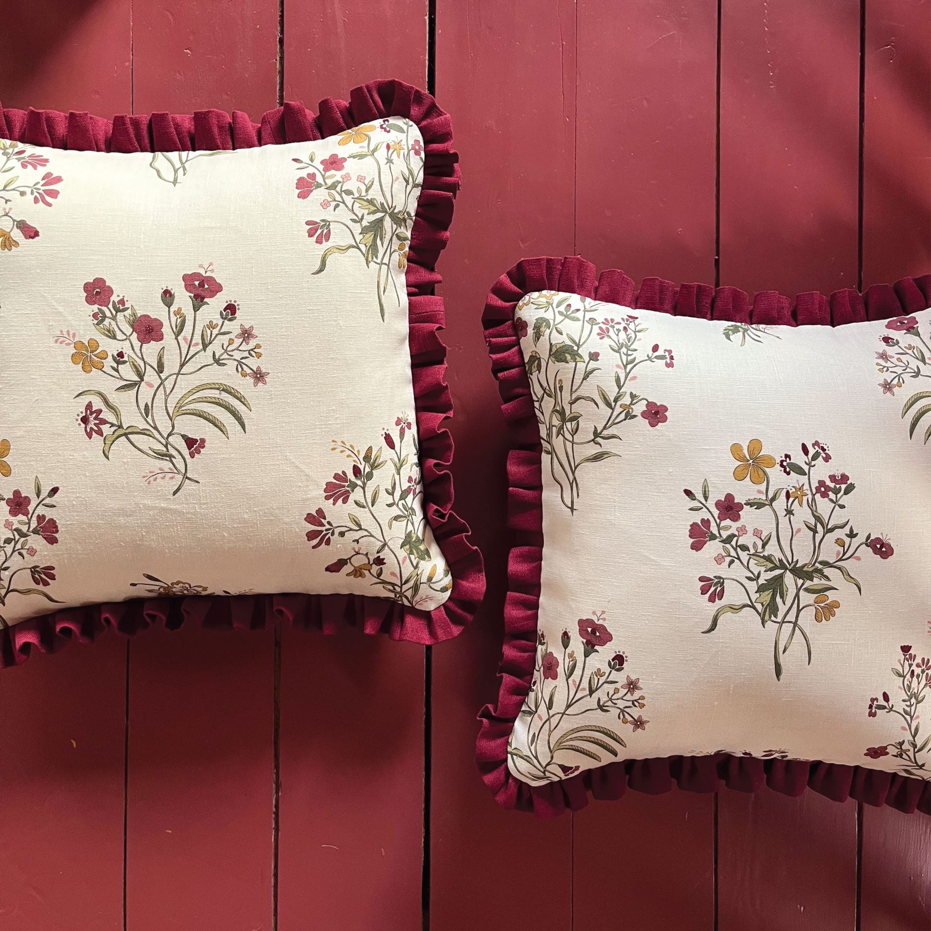 Flax & field flower print cushion with marsala frill