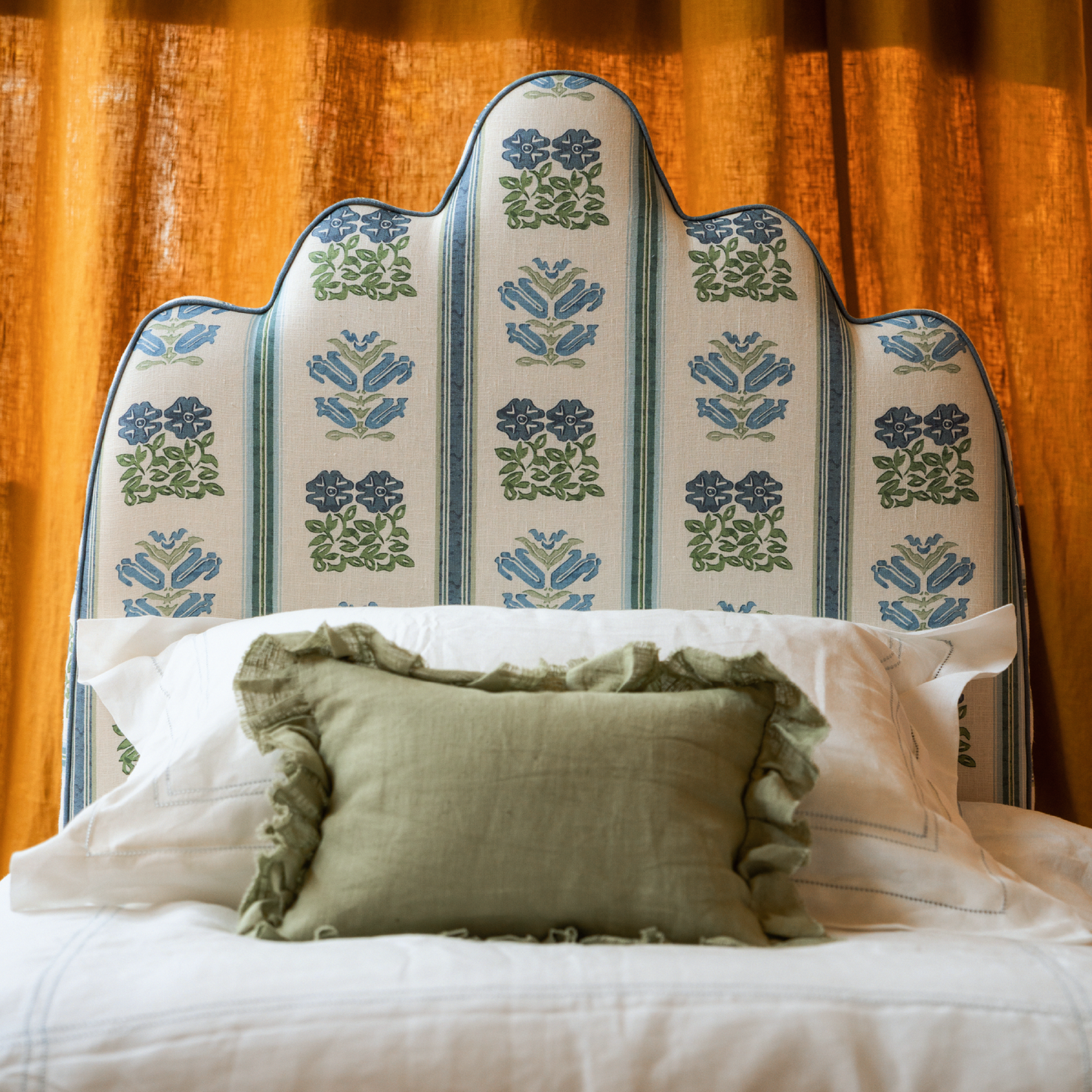 Folkloric Floral Stripe Dual Use Printed Linen Delft Blue/Oyster