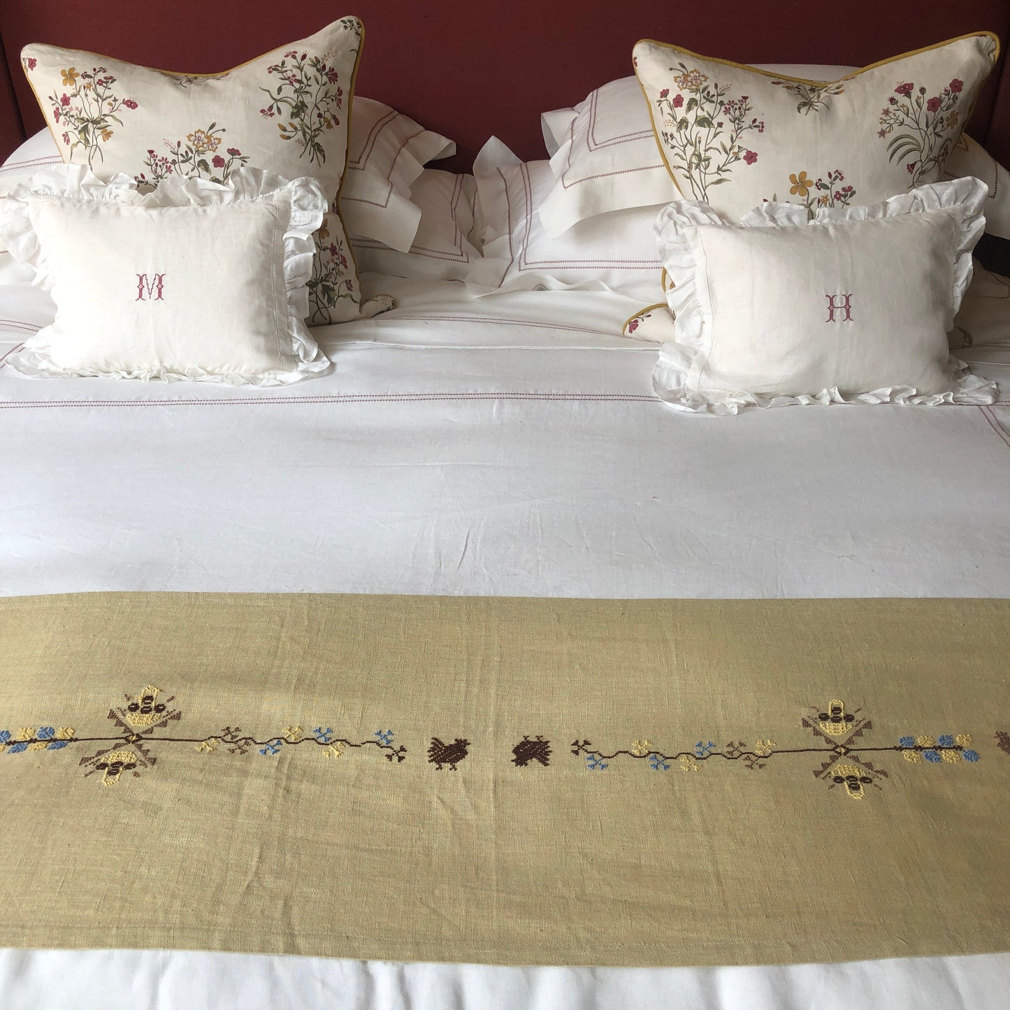 Pale Gold Table Runner with Palestinian Hand Embroidery