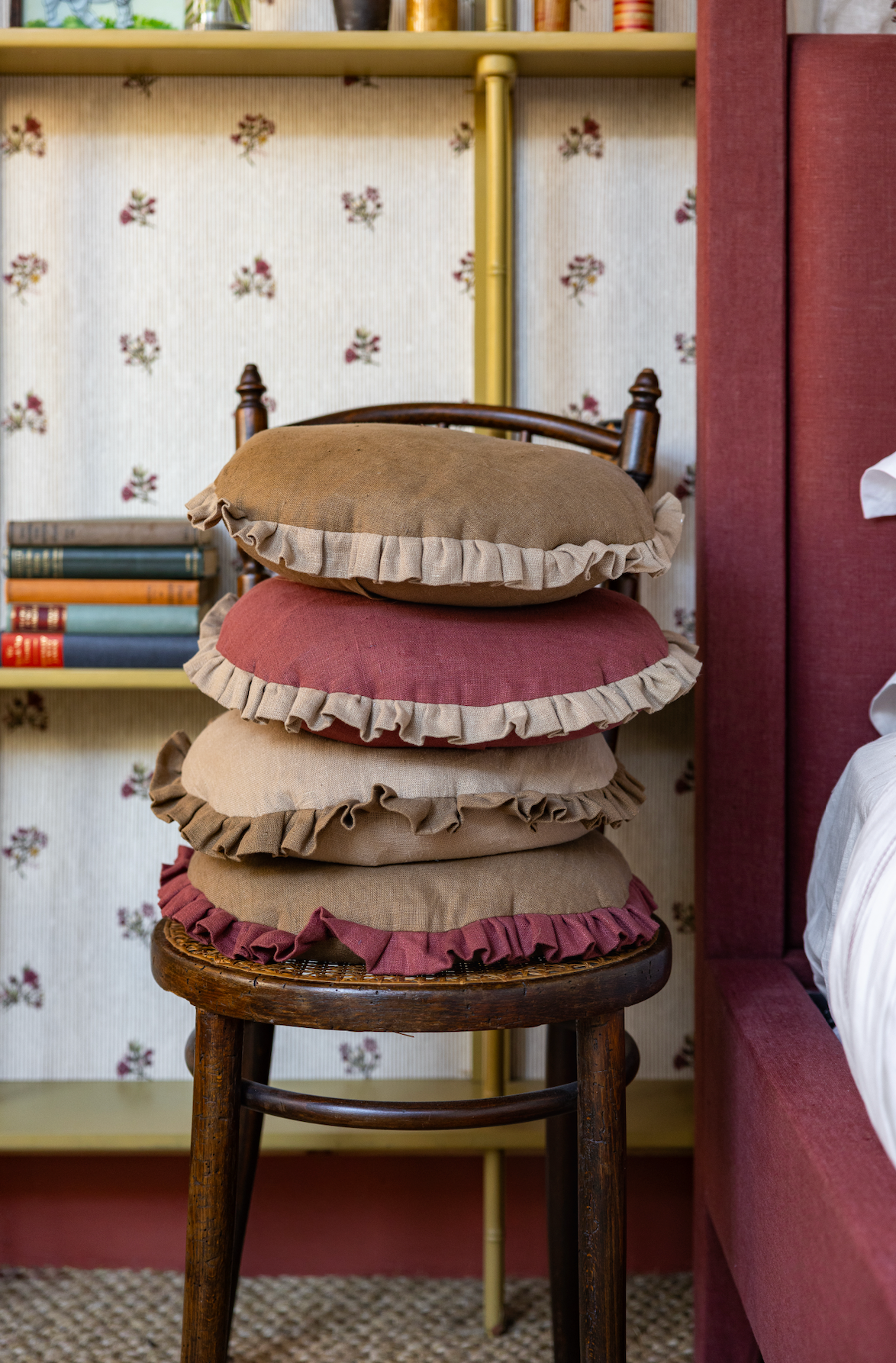 Ex Display Round Seat Cushion in Marsala With Tawny Gold Frill
