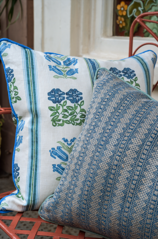 Folkloric Floral Print Cushion with Cornflower Blue Piping