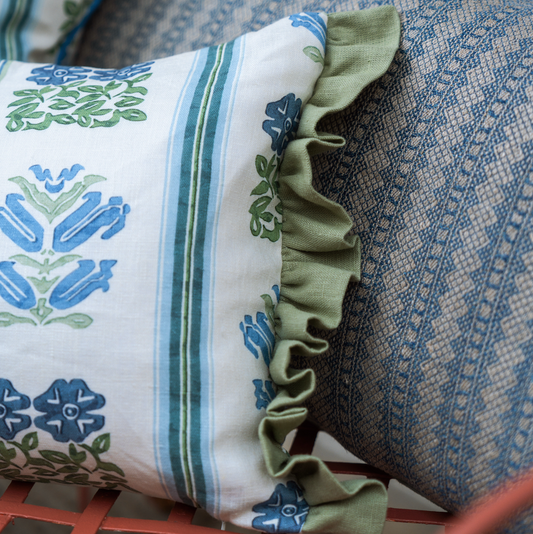 Folkloric Floral Print Cushion with Eucalyptus Frill