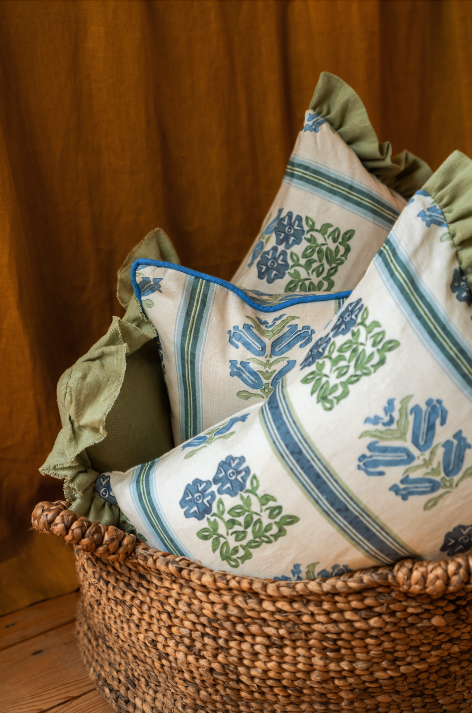 Folkloric Floral Print Cushion with Eucalyptus Frill