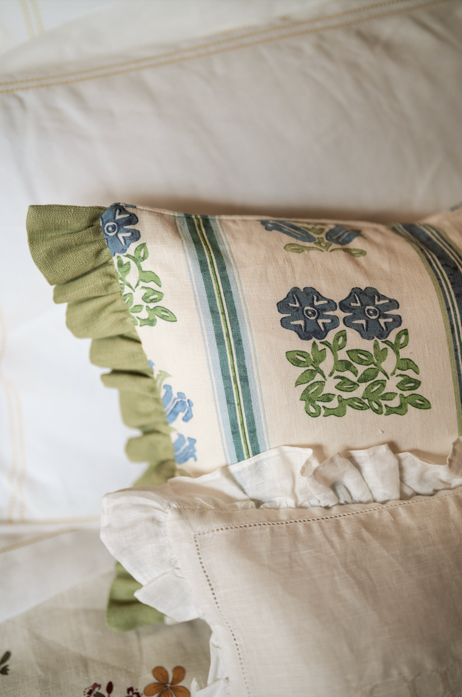 Folkloric Floral Print Cushion with Eucalyptus Frill