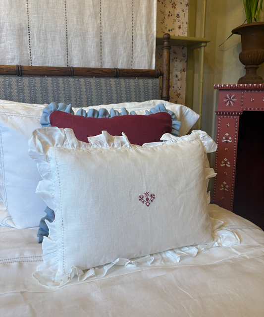 Boudoir Pillow with Frill Edge and Crossed Heart Embroidery in Volga Red