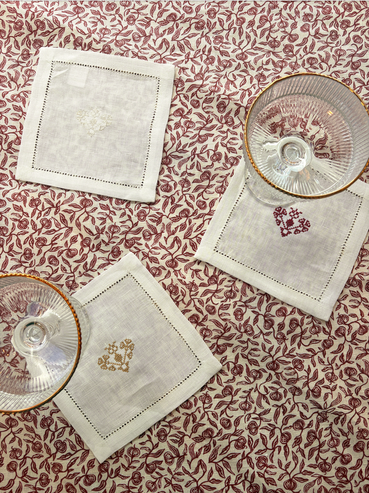 Pair of Hemstitch Cocktail Napkins with Crossed Heart Embroidery