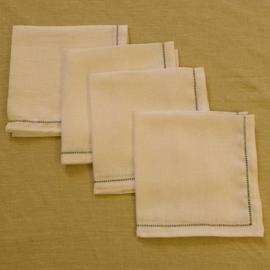 Set of 4 Ivory White Napkins with Constantia Green Hemstitch