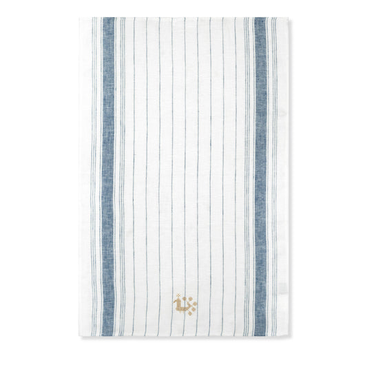 Set of 2 French Blue Stripes Kitchen Towel with Volga Cockerel in Antique Gold