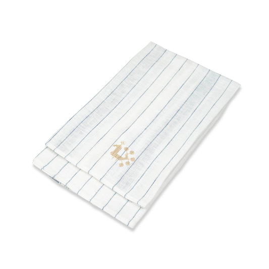 Set of 2 French Blue Stripes Kitchen Towel with Volga Cockerel in Antique Gold