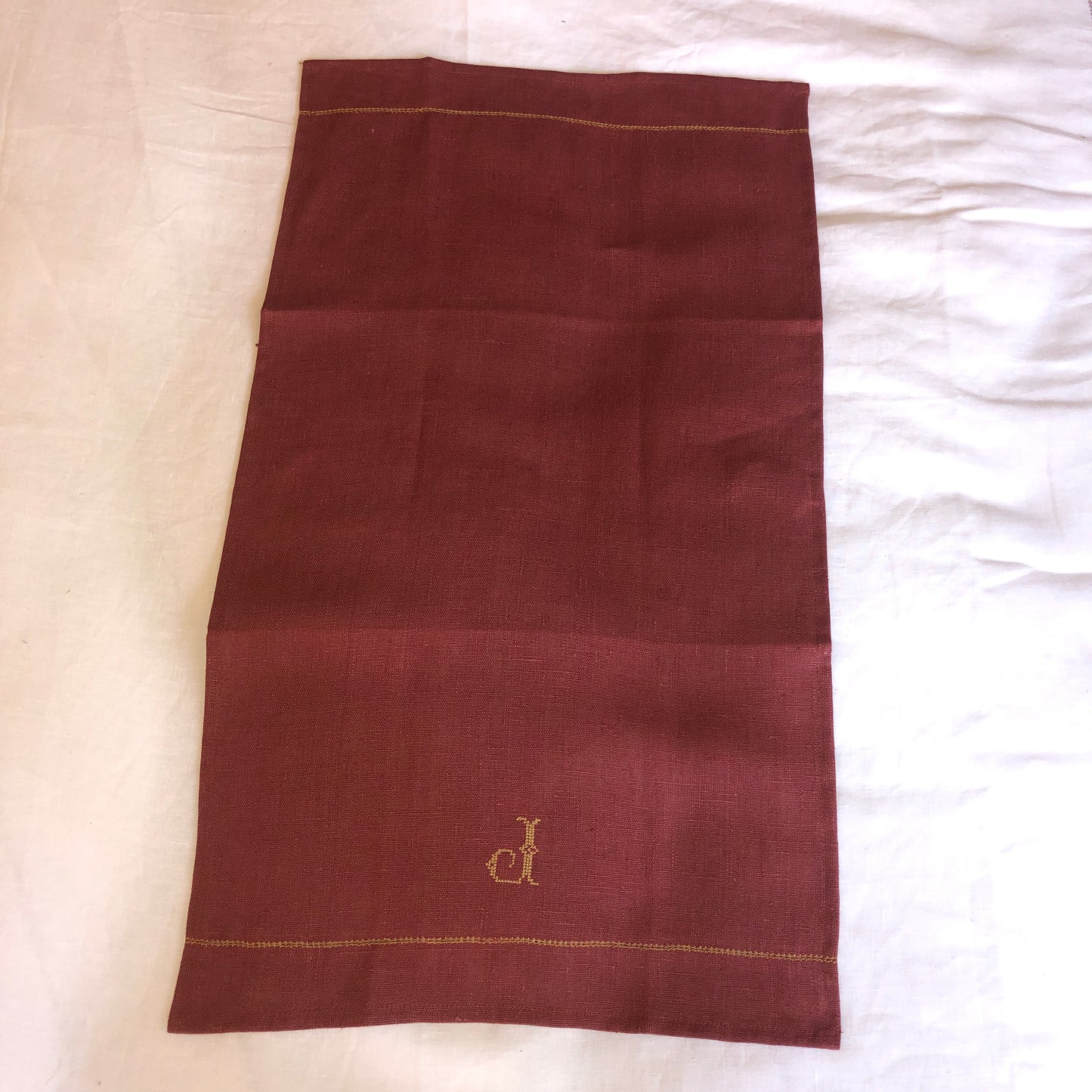 Tea Towel Marsala with Ochre Hemstitch with "J" Embroidery In Ochre Cross Stitch