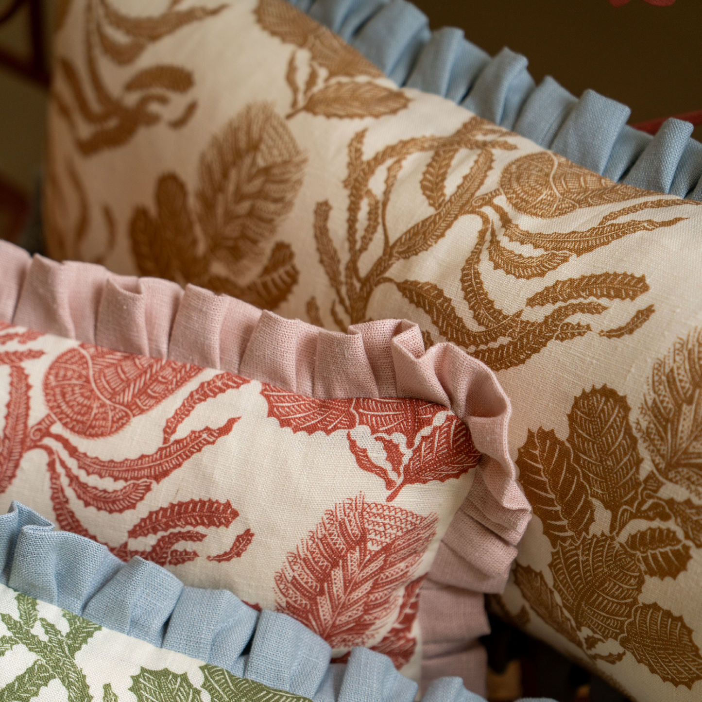 Cape Botanical Print Cushion in Old Gold with Porcelain Blue Frill