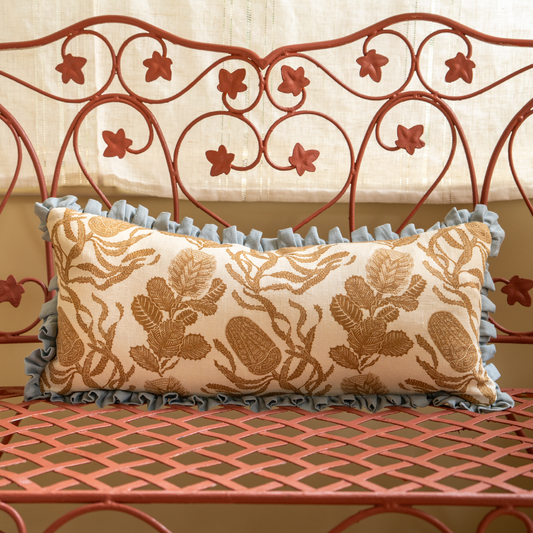 Cape Botanical Print Cushion in Old Gold with Porcelain Blue Frill