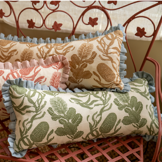 Cape Botanical Print Cushion in Botanical Green with Parma Grey Frill