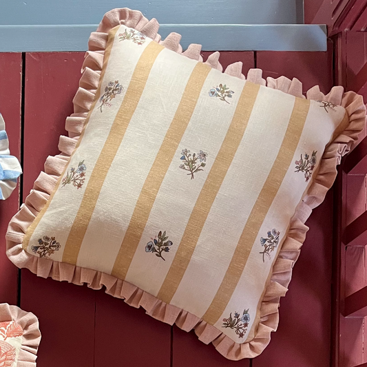 ochre stripe floral cushion with english rose frill edge