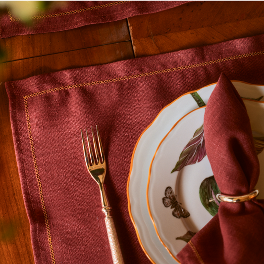 Set of Marsala Placemats with Ochre Hemstitch