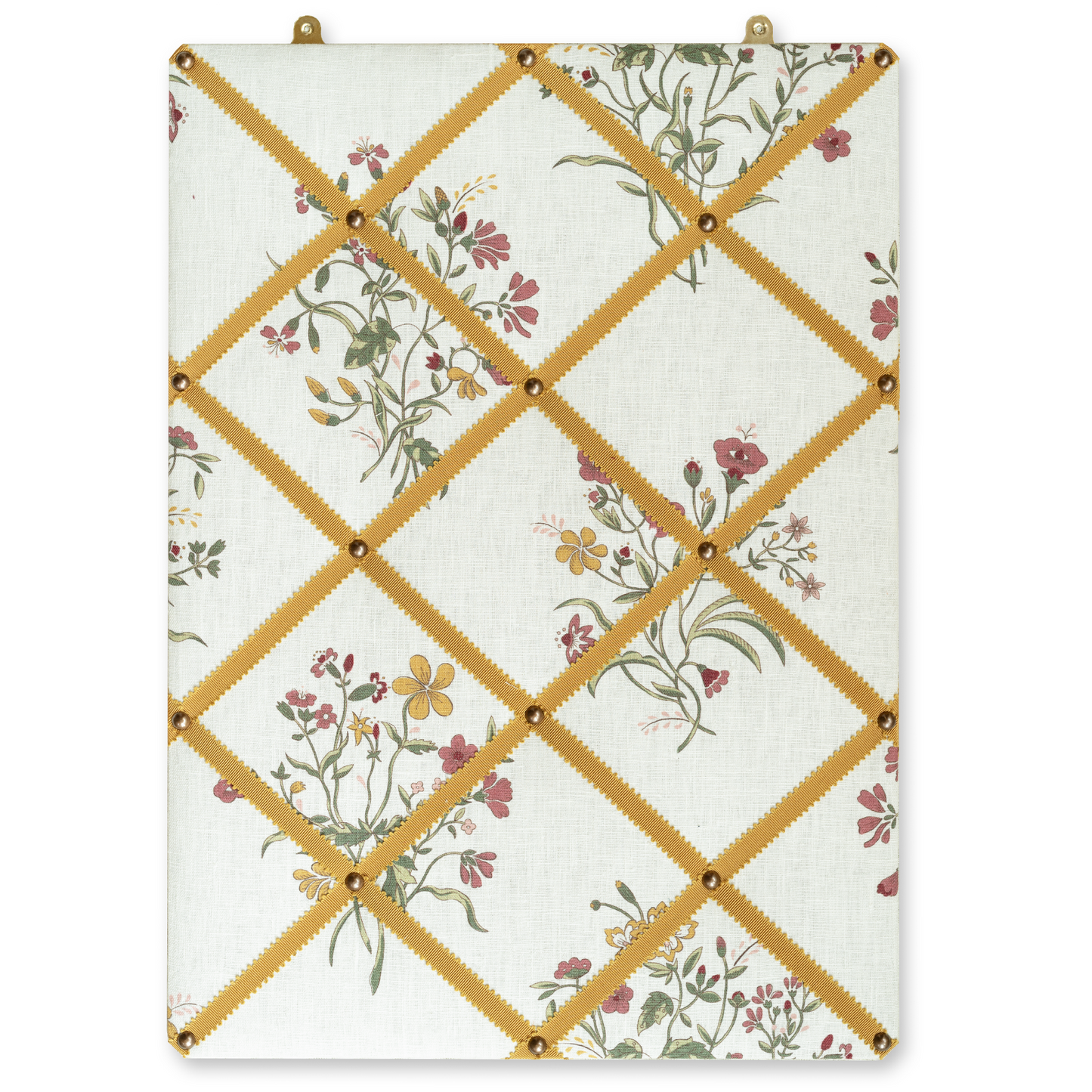 Ribboned Bulletin Board in Volga’s Flax & Field Flower Scarlet Print with Ochre Trim