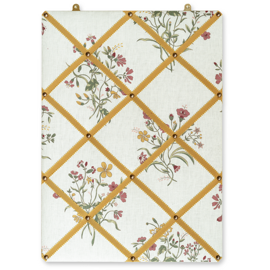 Ribboned Bulletin Board in Volga’s Flax & Field Flower Scarlet Print with Ochre Trim