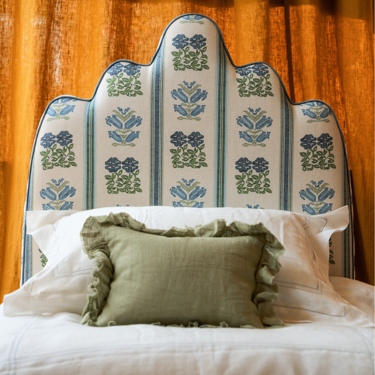 Showroom Ex-Display Single Size Kokoshnik Headboard in Folkloric Floral Stripe Linen Delft Blue/Oyster
