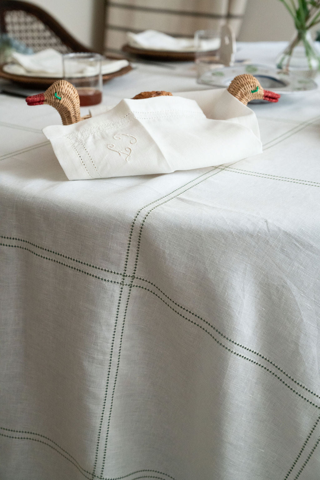 Botanical Green Double Hemstitch Check Tablecloth