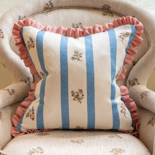 Flax & Field Posy Stripe Cushion in Cornflower Blue with Soft Coral Frill