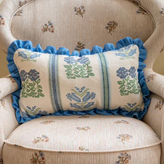 Folkloric Floral Print Cushion with Cornflower Blue Frill