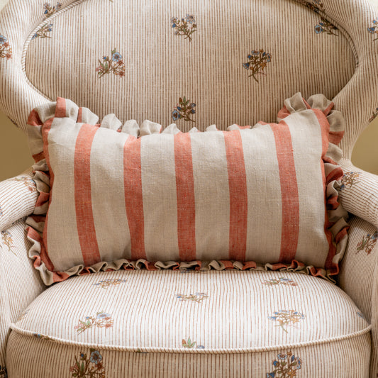 Bold Stripe Cushion in Terracotta/Natural with Frill