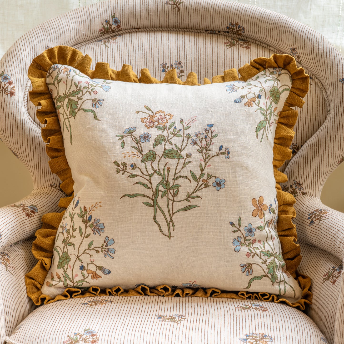 Flax & Field Flower Print Cushion with Old Gold Frill