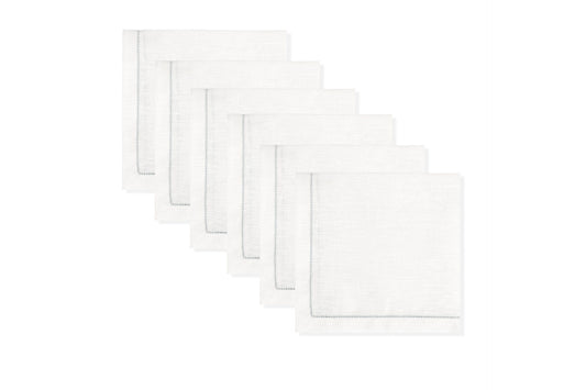 Set of 6 Ivory White Napkins with Sky Blue Hemstitch