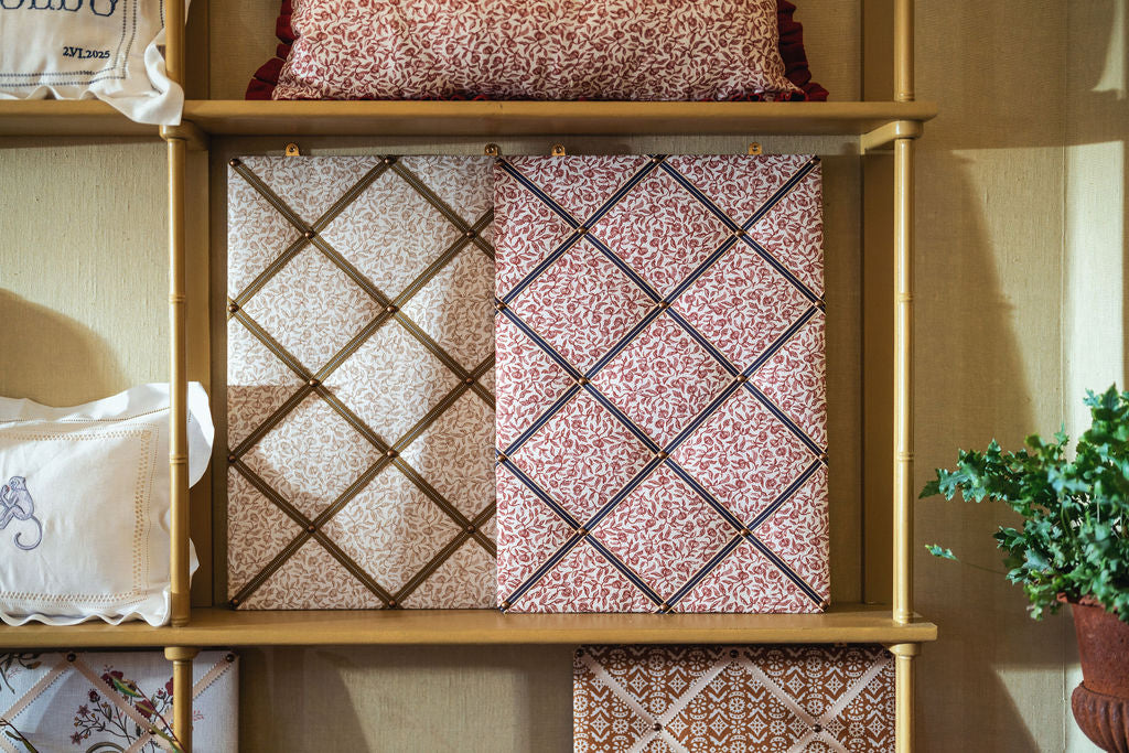 Ribboned Bulletin Board in Volga's Pomegranate Print in Marsala with Peacoat Trim