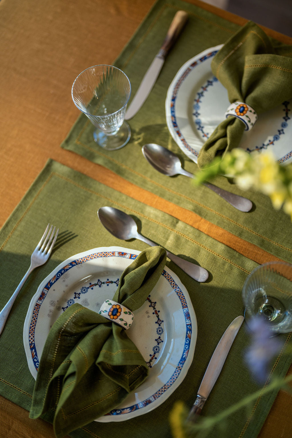 Set of Fern Green Placemats with Ochre Hemstitch