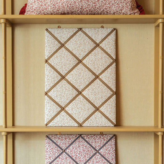 Ribboned Bulletin Board in Volga's Pomegranate Print in Tawny Gold with Olive Trim