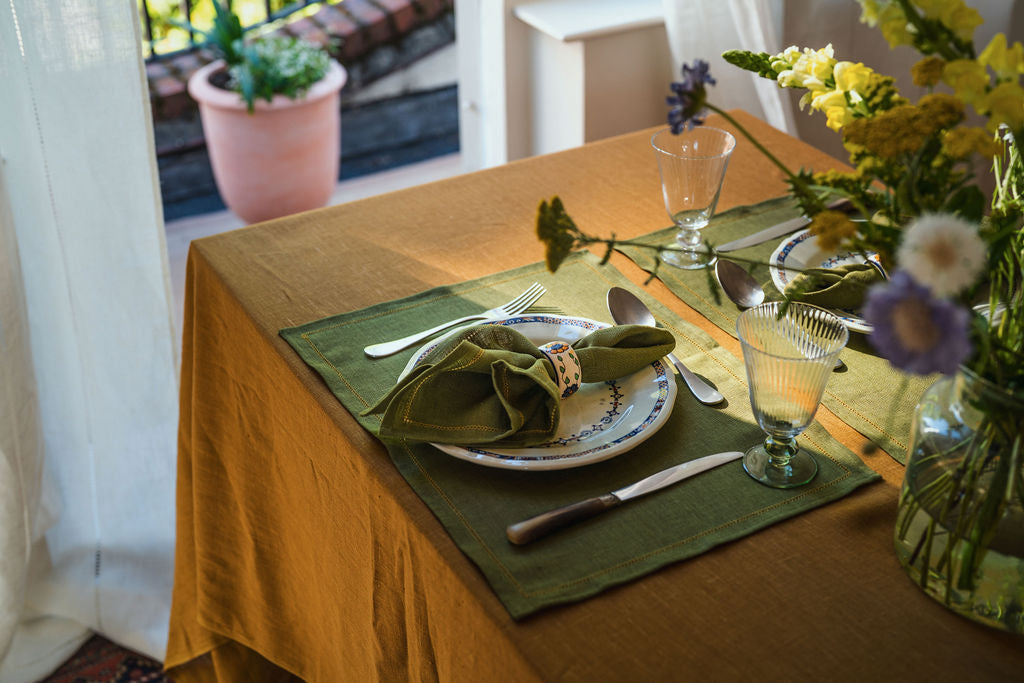 Set of Fern Green Placemats with Ochre Hemstitch