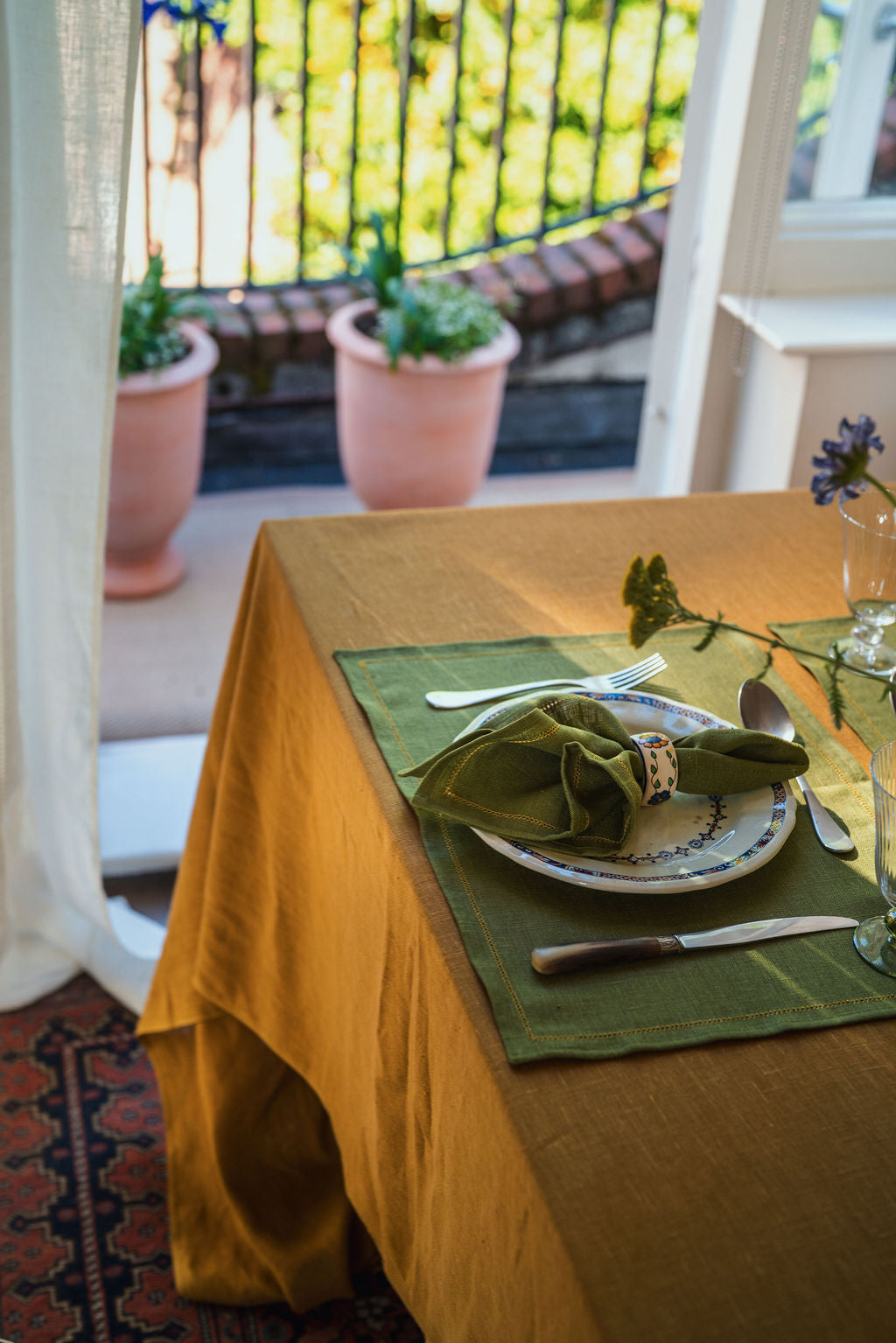 Set of Fern Green Placemats with Ochre Hemstitch