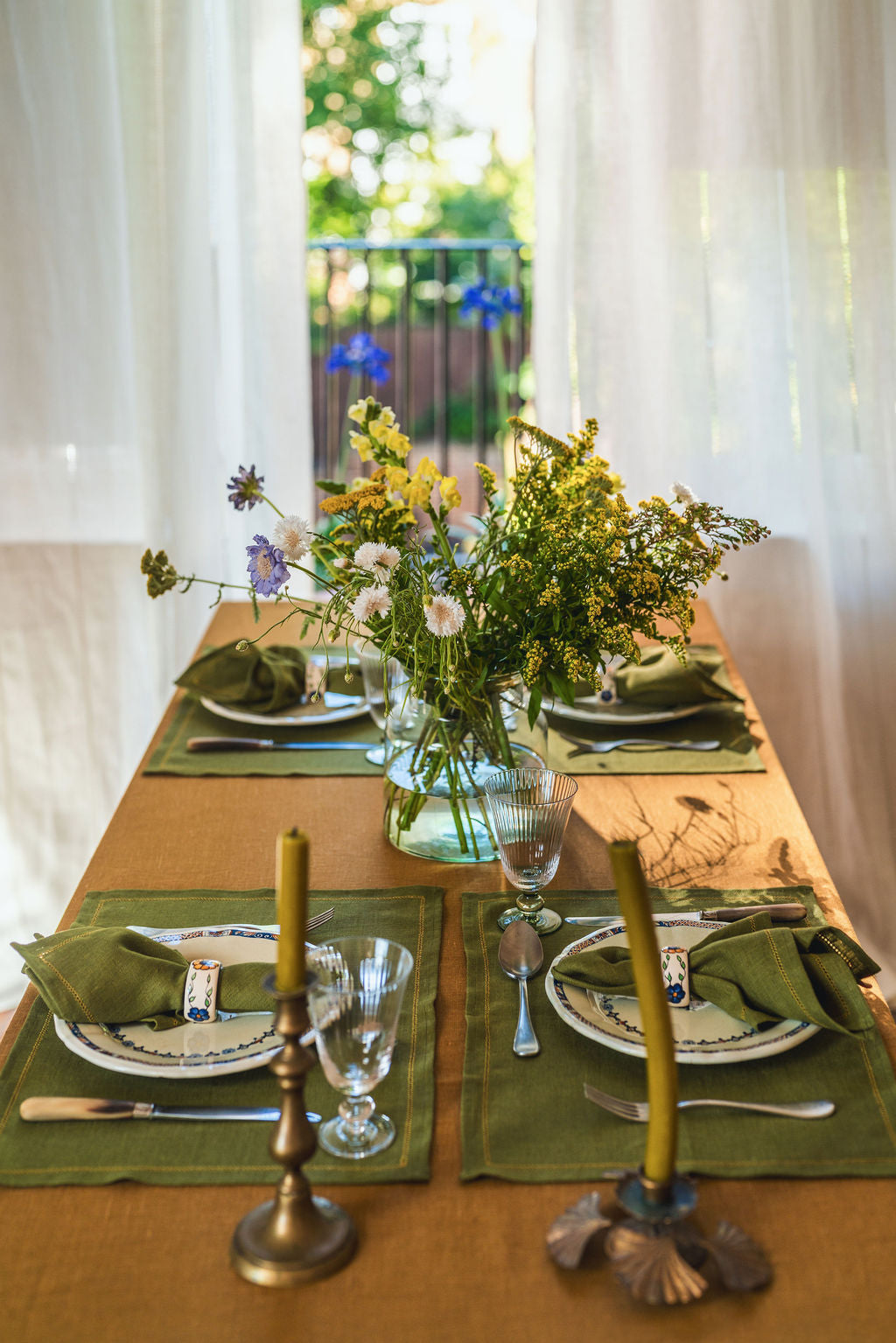 Set of Fern Green Placemats with Ochre Hemstitch