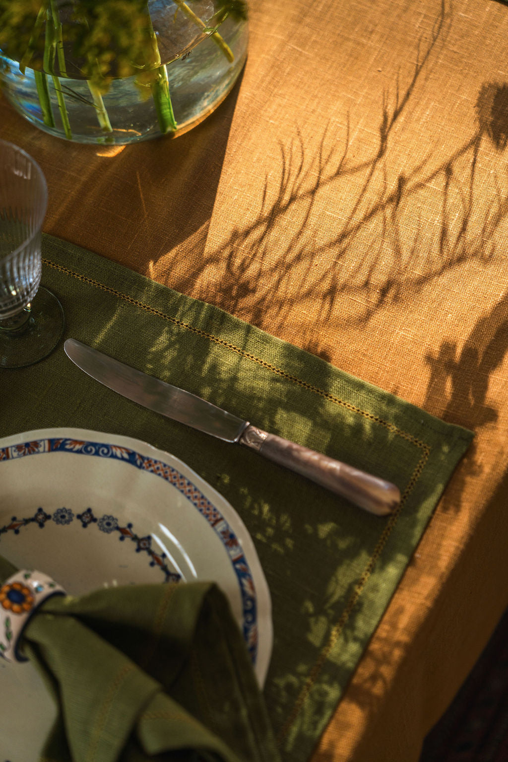 Set of Fern Green Placemats with Ochre Hemstitch