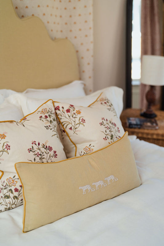 Flax & Field Flower Print Cushion in Scarlet with Ochre Piping
